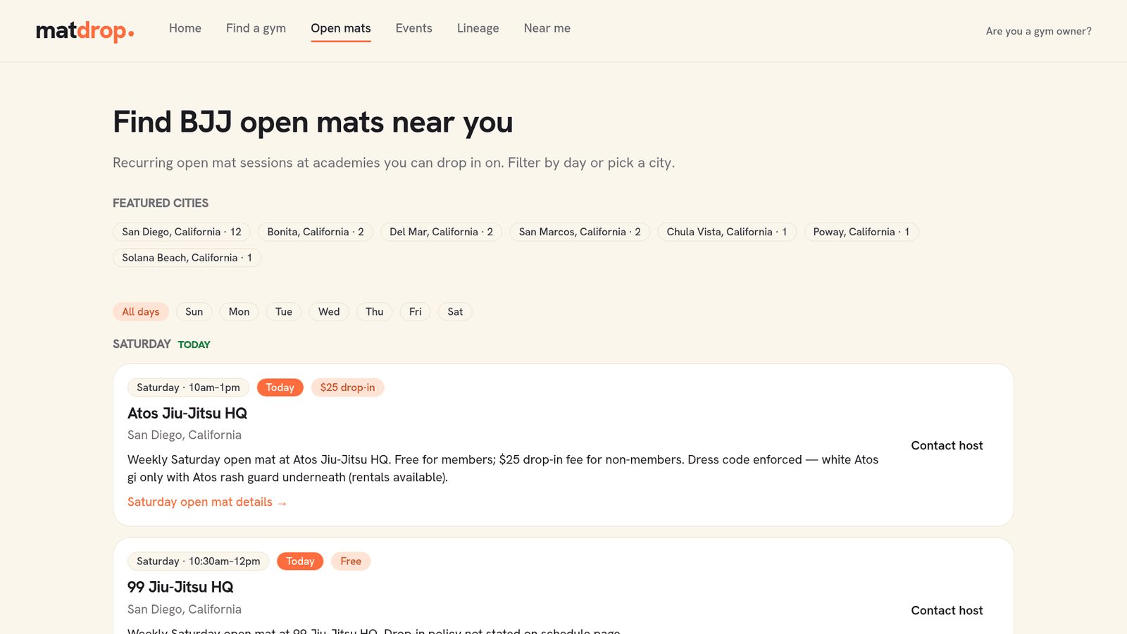 matdrop: Find a BJJ gym and roll today, anywhere you travel.