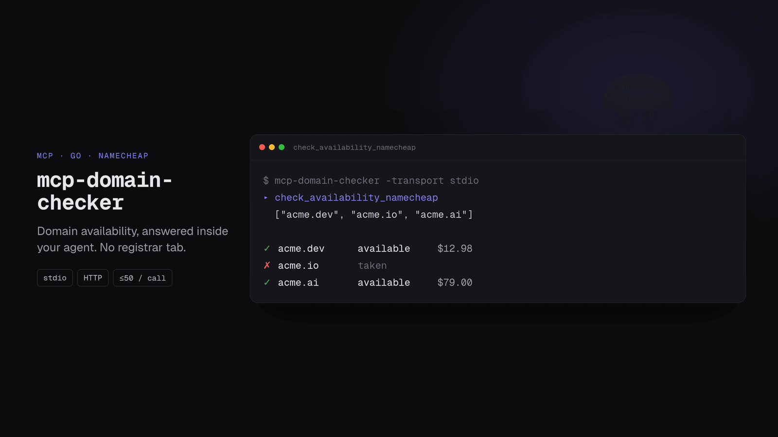 mcp-domain-checker: MCP server for checking domain availability.